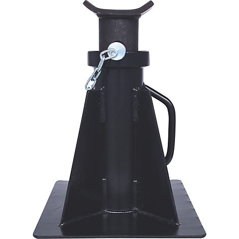 Schwarze, solide Wagenheberstütze, mit Halterung und Kette. Die Stütze steht auf einer quadratischen Basis.